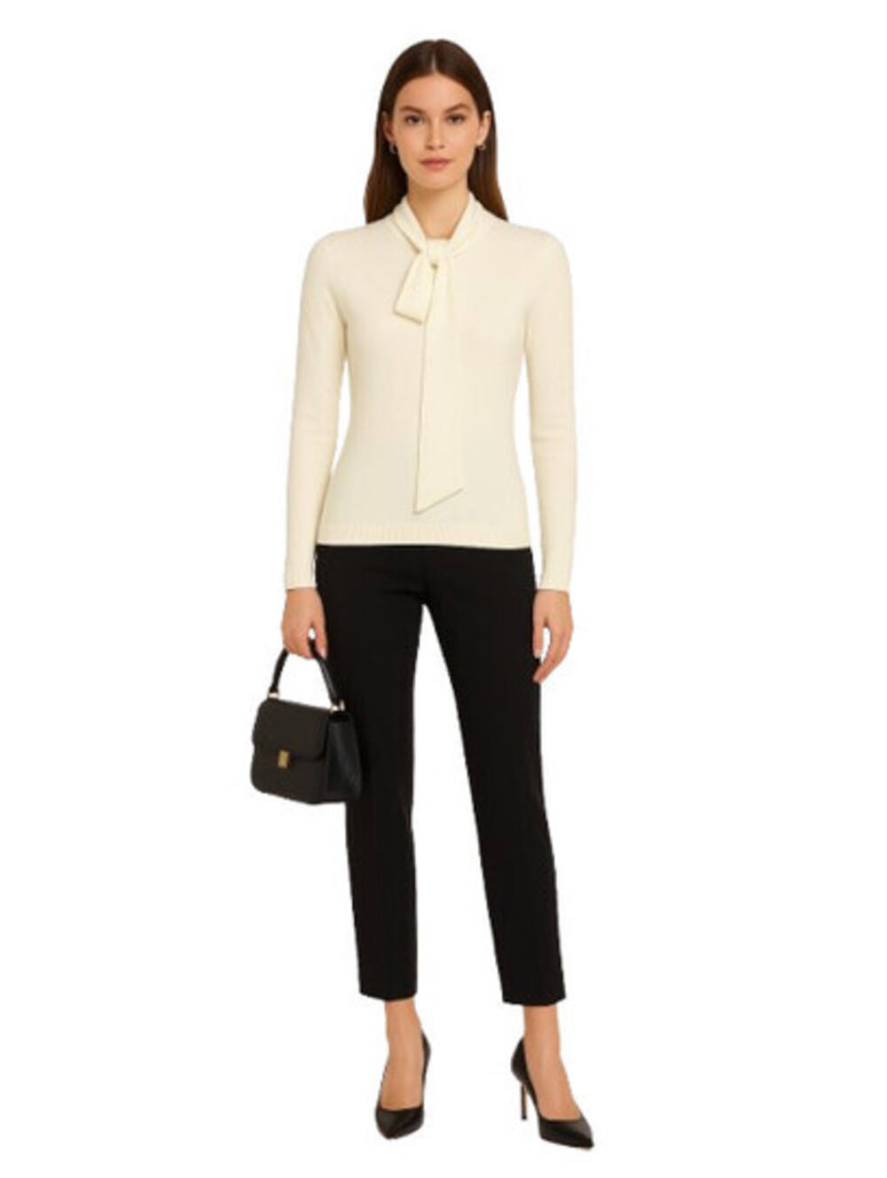 Joan Vass Ivory/White Tie Neck Sweater Long Sleeve Classic Chic Top NWT Sz M
